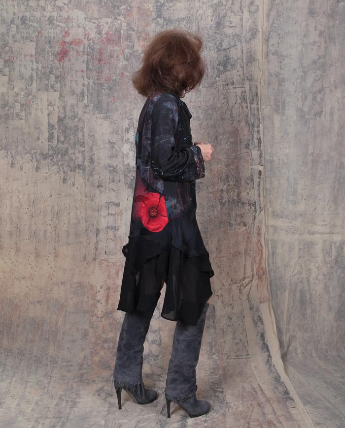 abstract poppy on black silk tunic or dress