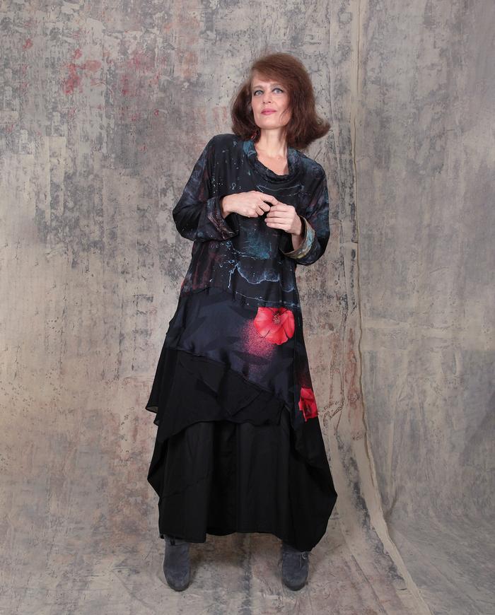 abstract poppy on black silk tunic or dress