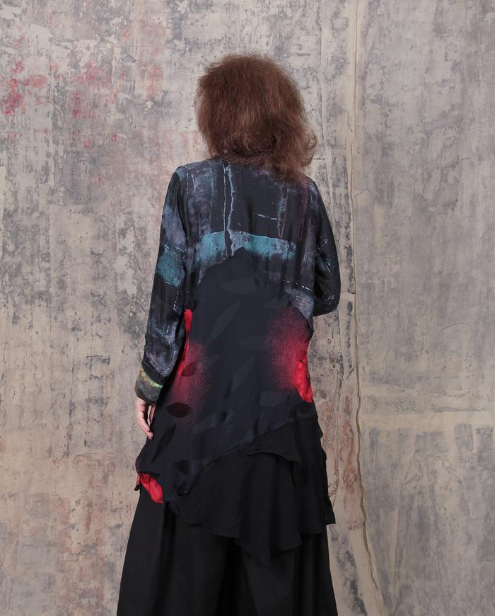 abstract poppy on black silk tunic or dress