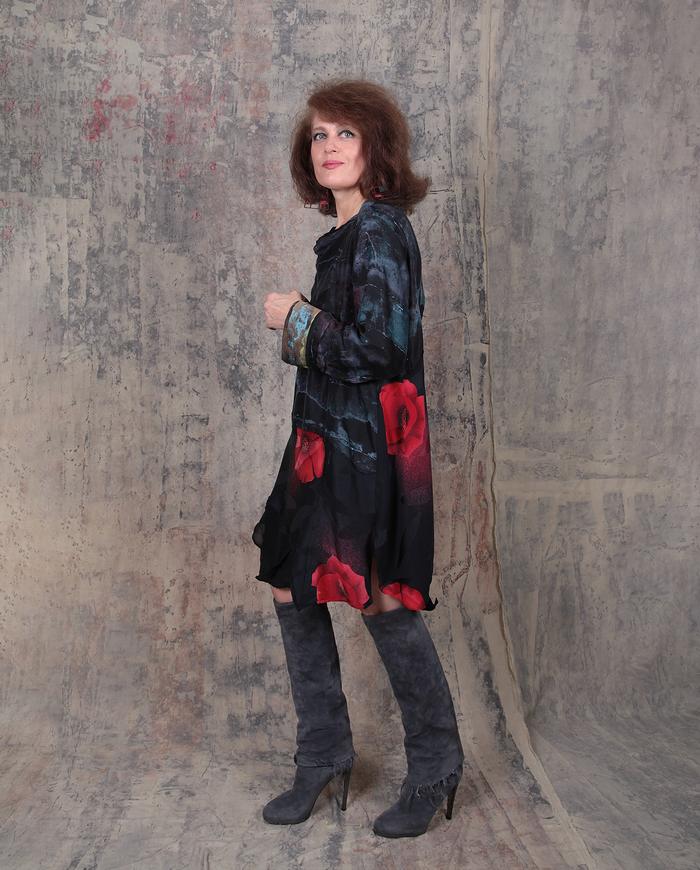 abstract poppy on black silk tunic or dress