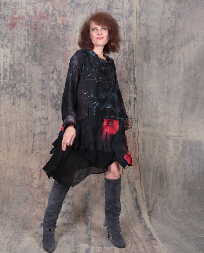 abstract poppy on black silk tunic or dress