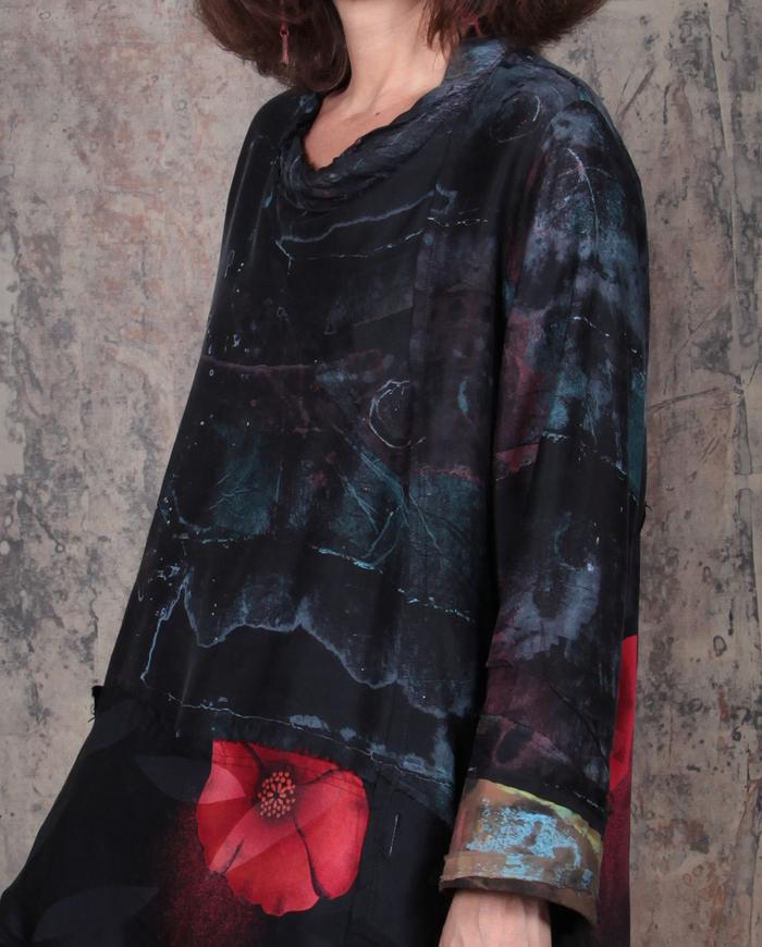 abstract poppy on black silk tunic or dress