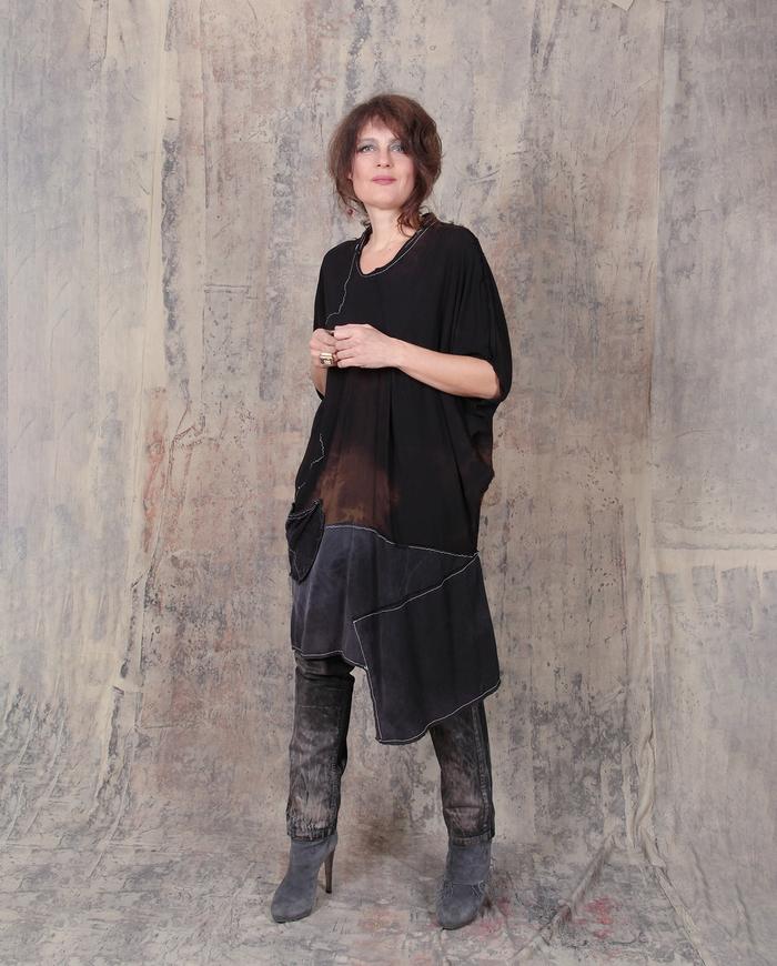 asymmetrical avant-garde oversized fall dress in black and earth