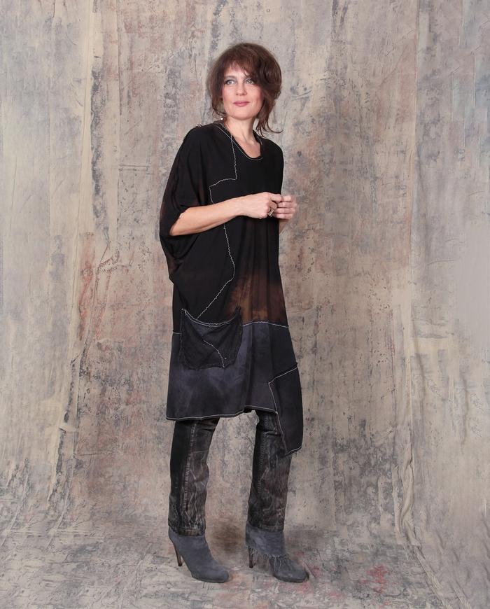 asymmetrical avant-garde oversized fall dress in black and earth