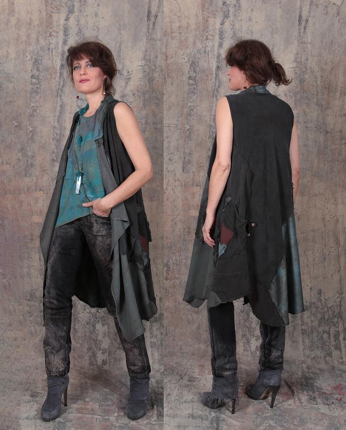 long open silk crepe patchwork vest in grayish pine green