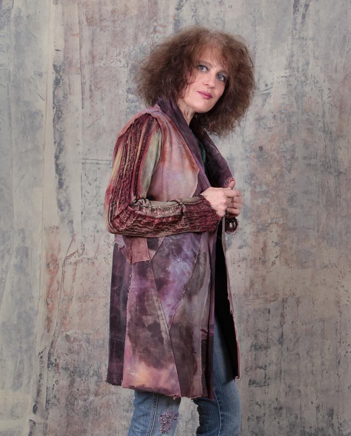 distressed edgy modern sculpted kaftan in mauve and rust