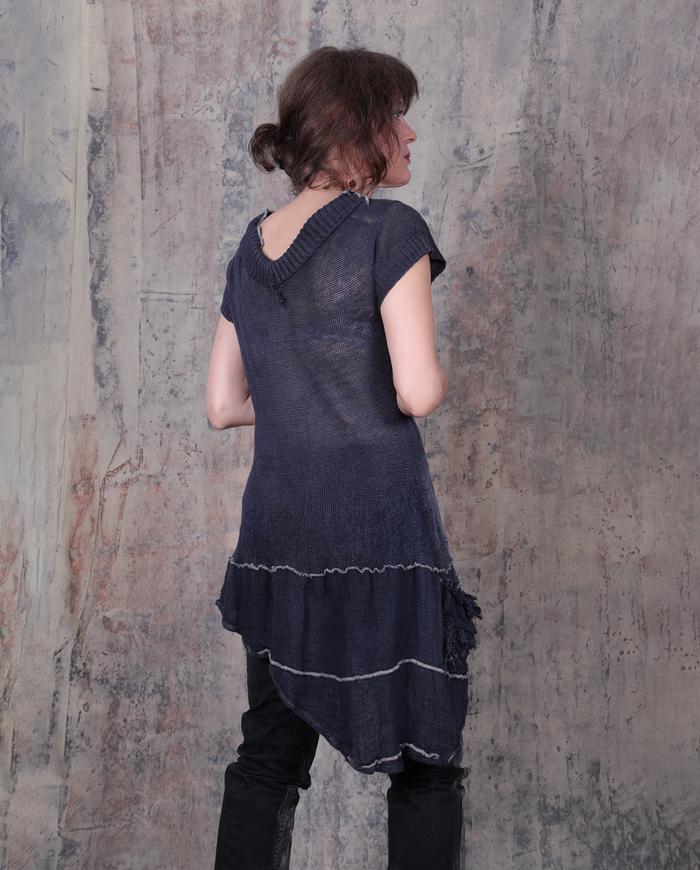 playful asymmetrical linen knit tunic in indigo