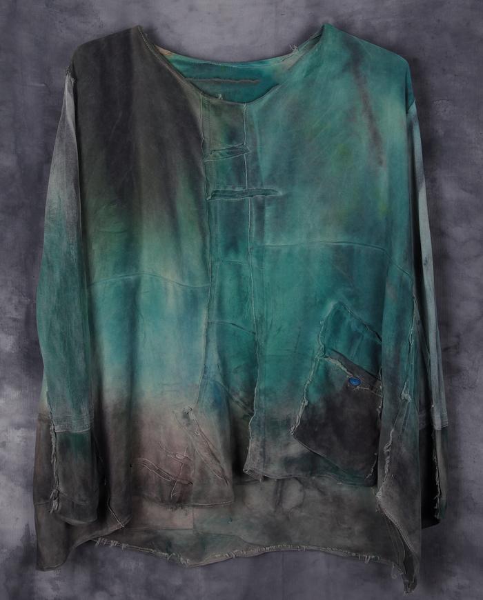 distressed loose-fitting silk crepe top with fun pockets 