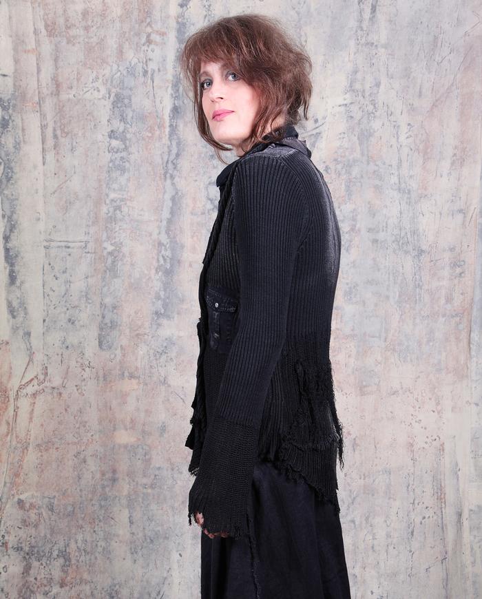 avant-garde black distressed knit snap front cardigan