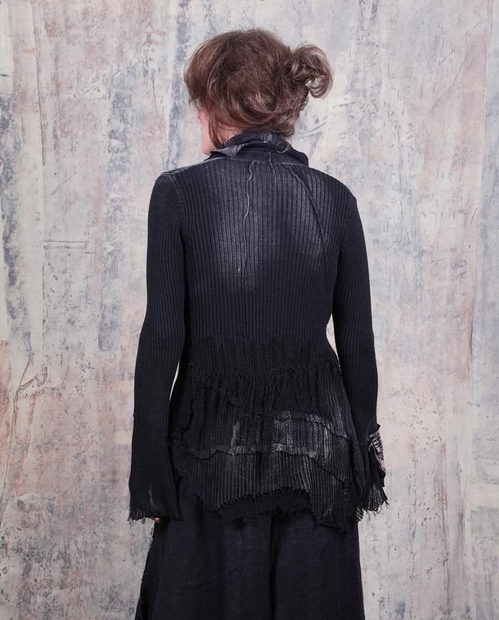 avant-garde black distressed knit snap front cardigan