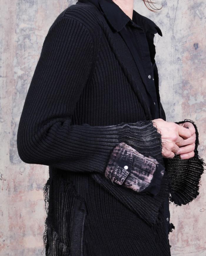 avant-garde black distressed knit snap front cardigan
