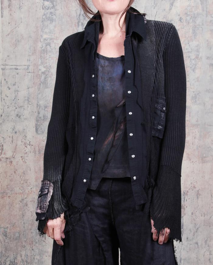 avant-garde black distressed knit snap front cardigan