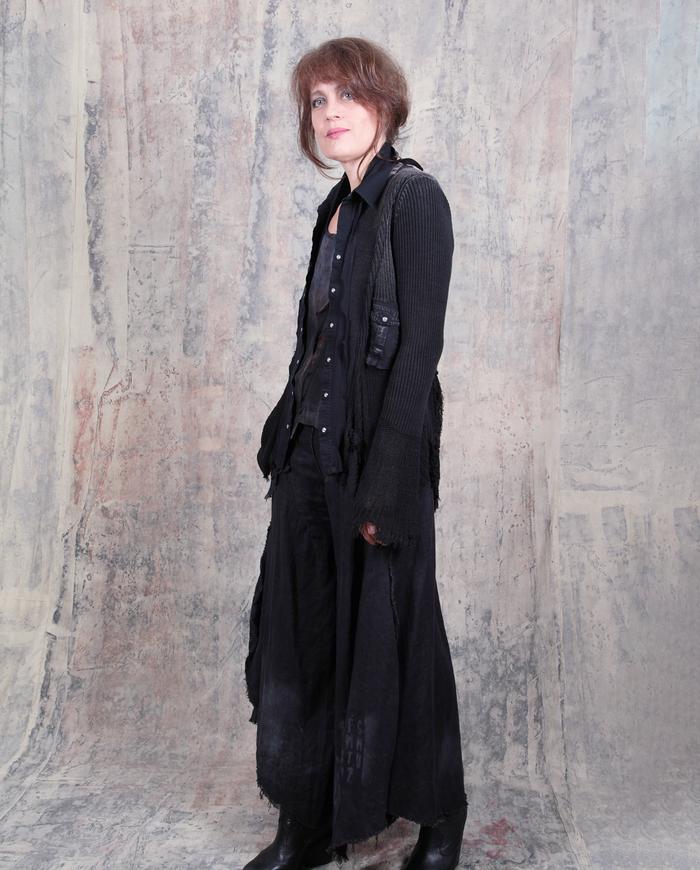 avant-garde black distressed knit snap front cardigan