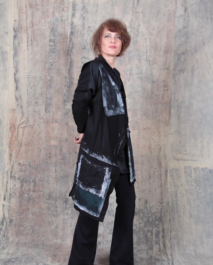 asymmetrical geometric patchwork black and white vest