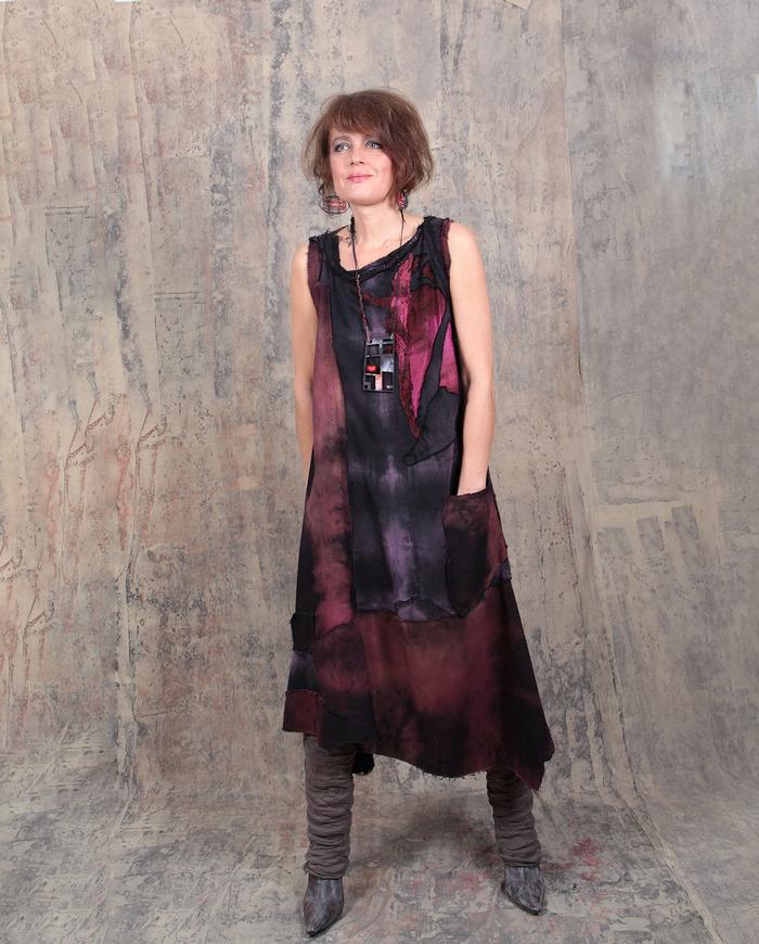 loose-fitting asymmetric hand-painted patchwork midi dress
