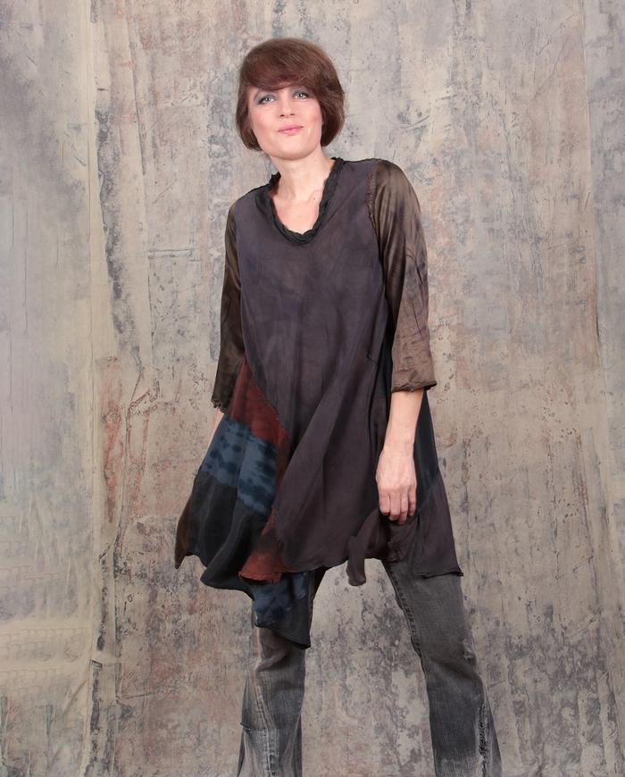 loose-fitting earth tones silk swing mini-dress or tunic