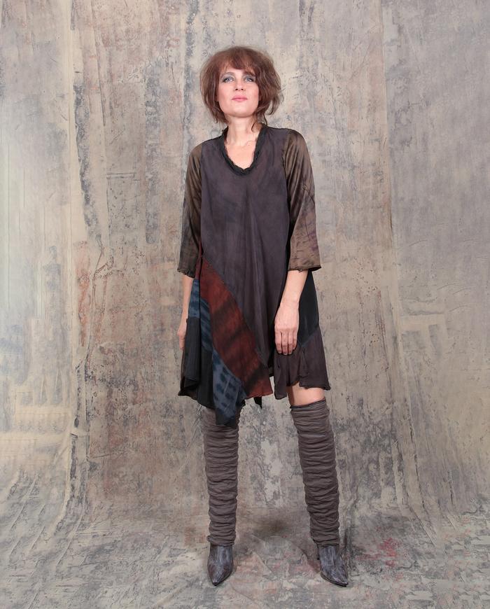 loose-fitting earth tones silk swing mini-dress or tunic