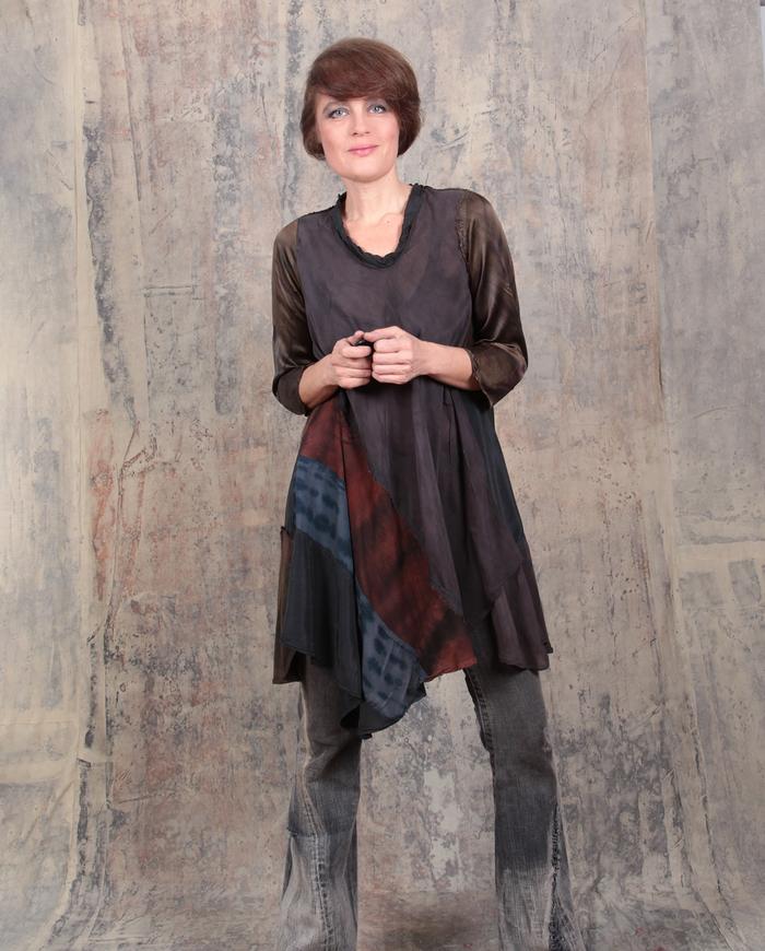 loose-fitting earth tones silk swing mini-dress or tunic