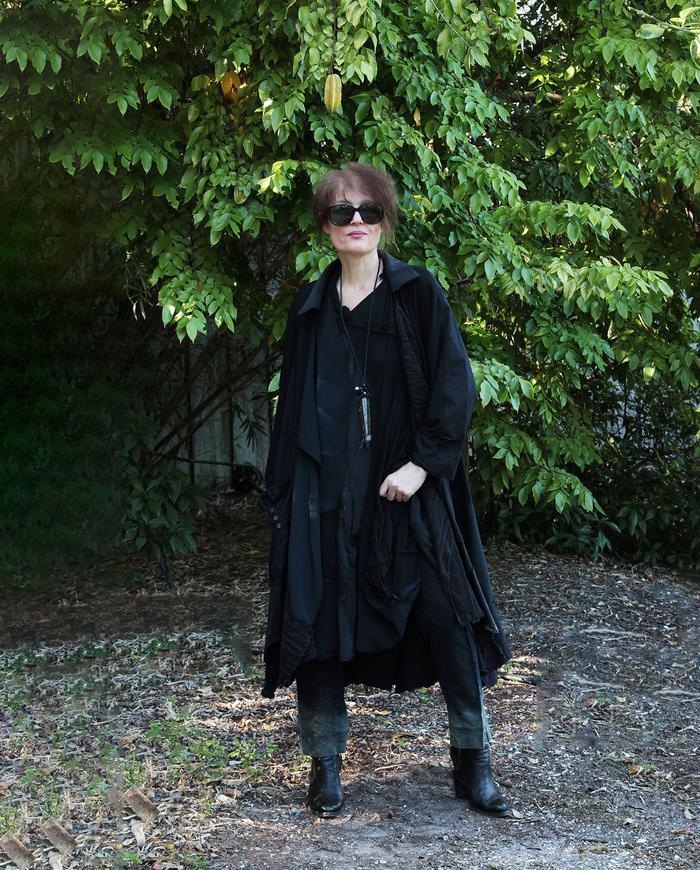 long oversized black on black patchwork swing coat/jacket