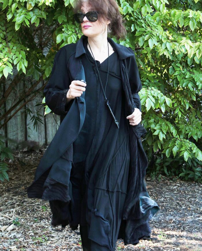 long oversized black on black patchwork swing coat/jacket