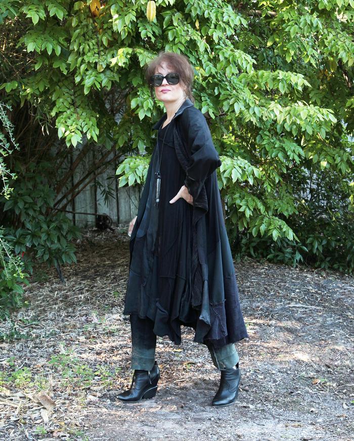 long oversized black on black patchwork swing coat/jacket