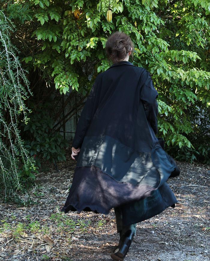 long oversized black on black patchwork swing coat/jacket