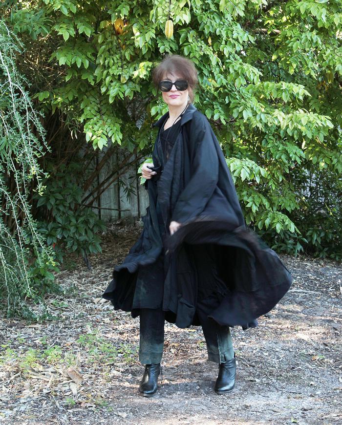long oversized black on black patchwork swing coat/jacket