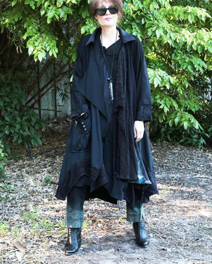 long oversized black on black patchwork swing coat/jacket