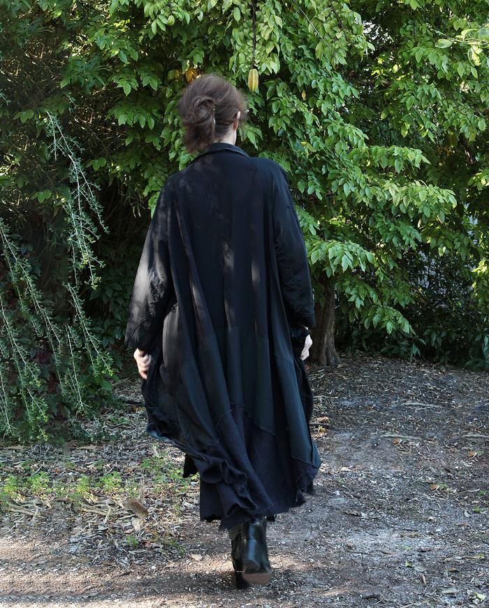 long oversized black on black patchwork swing coat/jacket