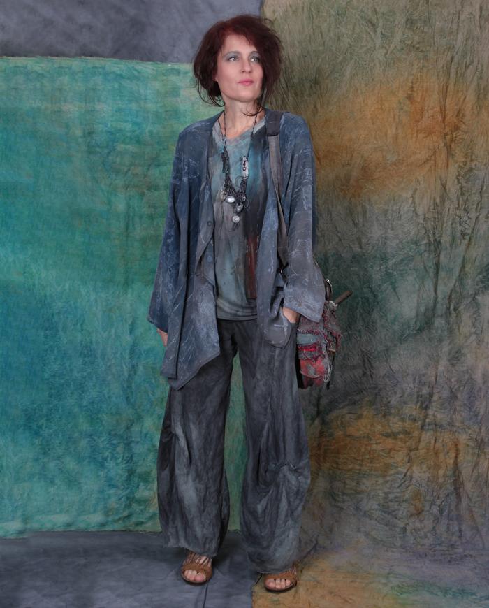 gray denim drapey silk asymmetrical one-size jacket-to-tunic