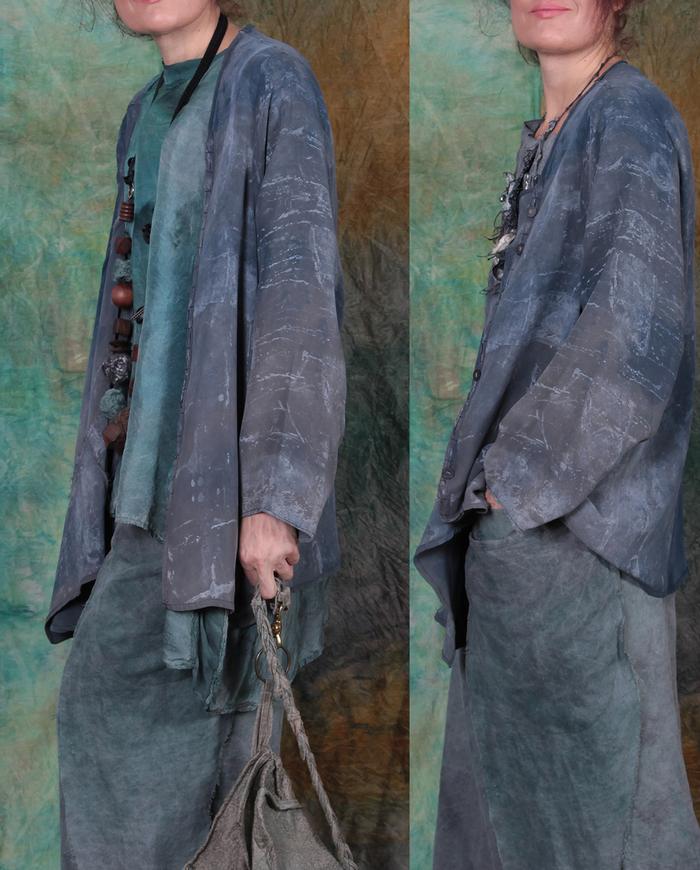 gray denim drapey silk asymmetrical one-size jacket-to-tunic