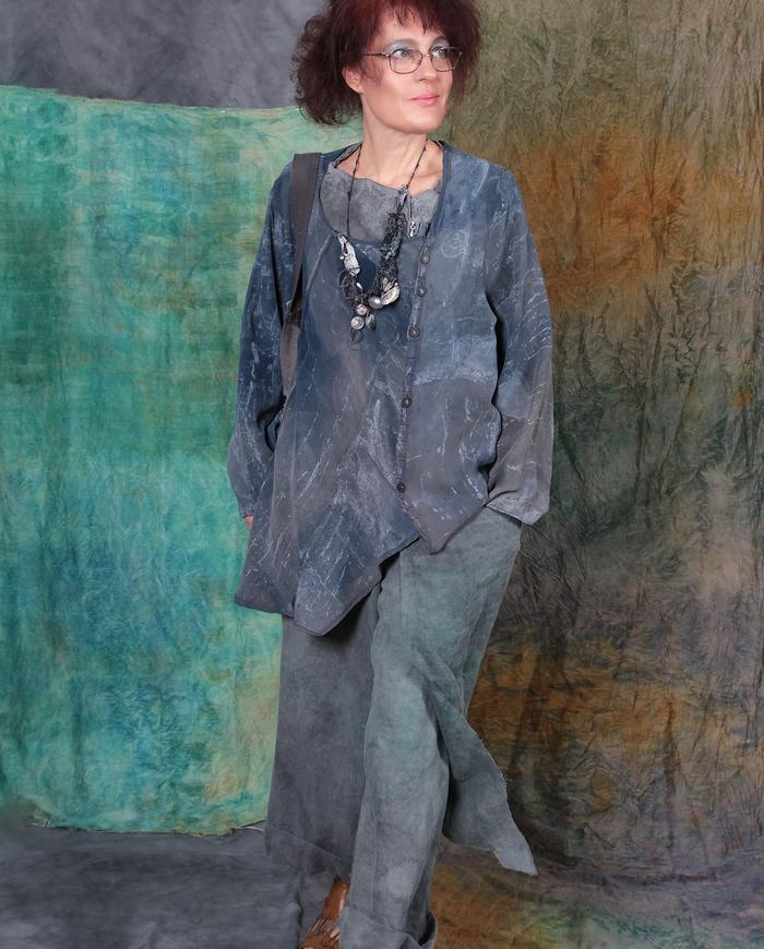 gray denim drapey silk asymmetrical one-size jacket-to-tunic