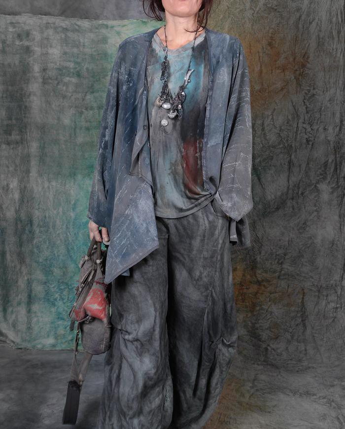 gray denim drapey silk asymmetrical one-size jacket-to-tunic