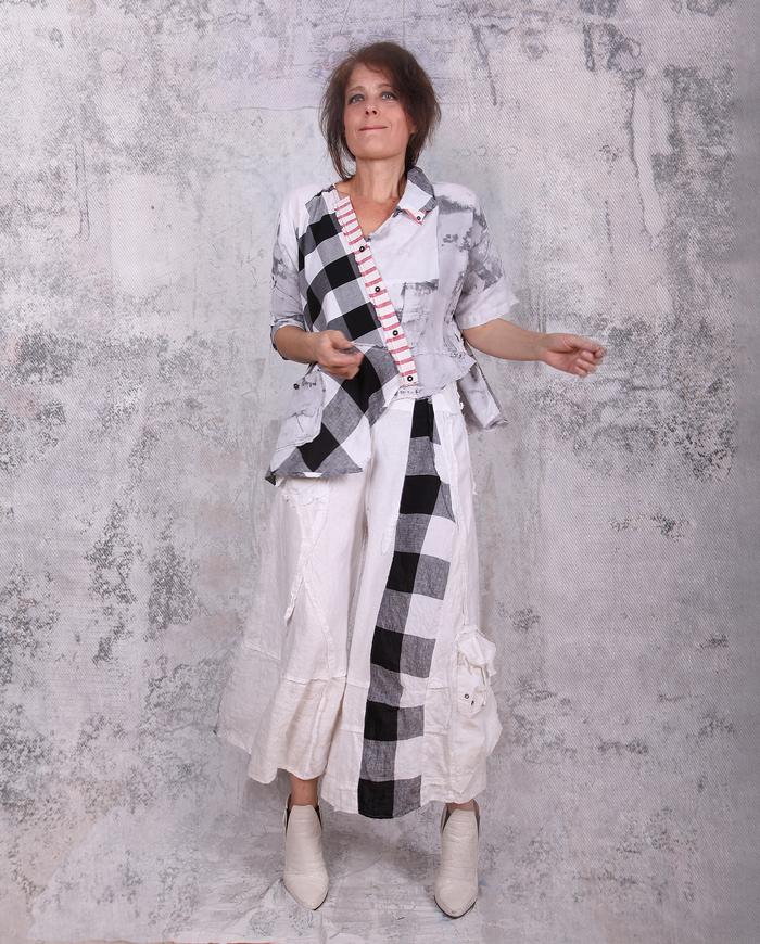 black and white patchwork asymmetrical layering top