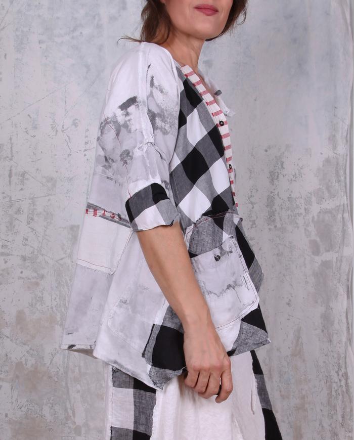 black and white patchwork asymmetrical layering top