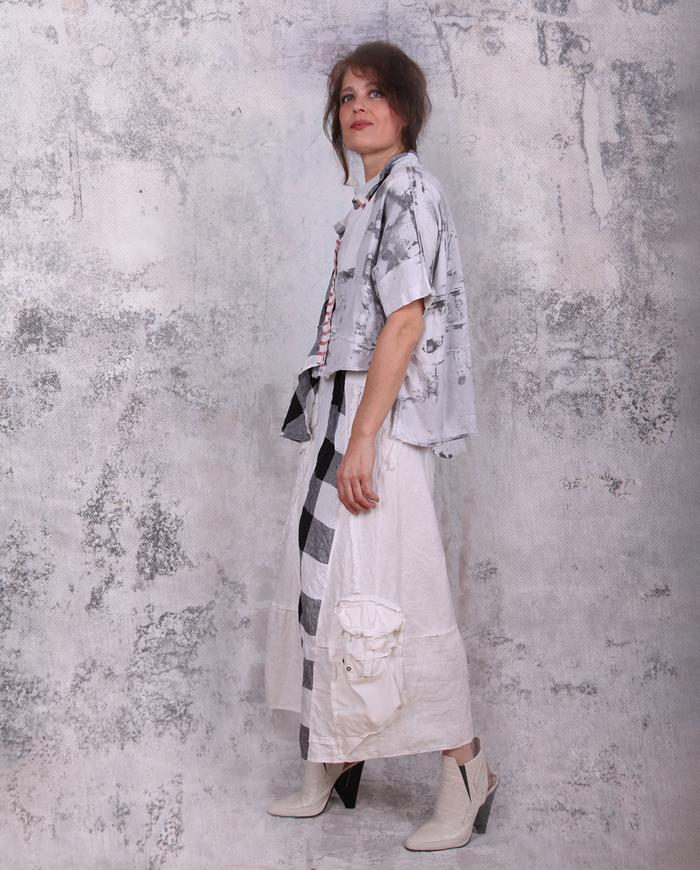 black and white patchwork asymmetrical layering top