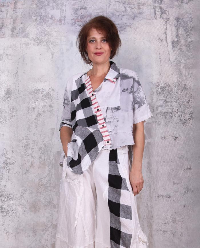 black and white patchwork asymmetrical layering top