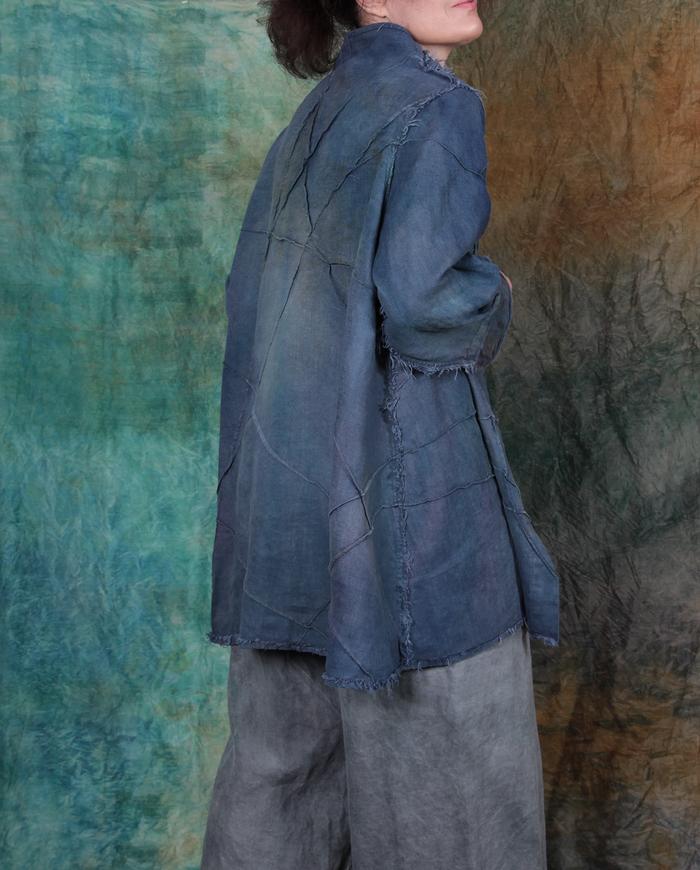 loose-fitting Belgian linen distressed blue textured jacket