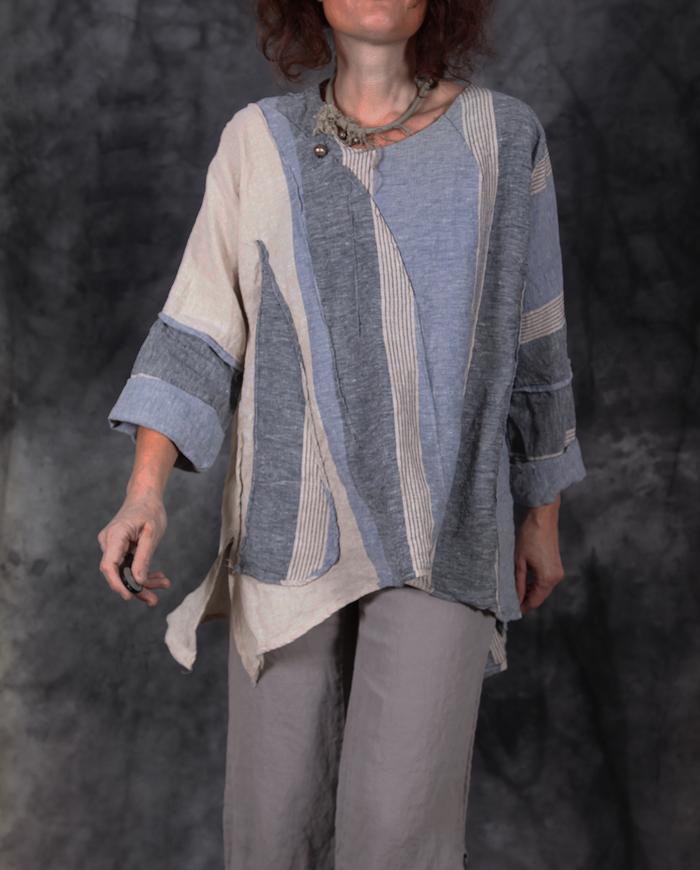 oversized lagenlook heather gray and denim casual linen top