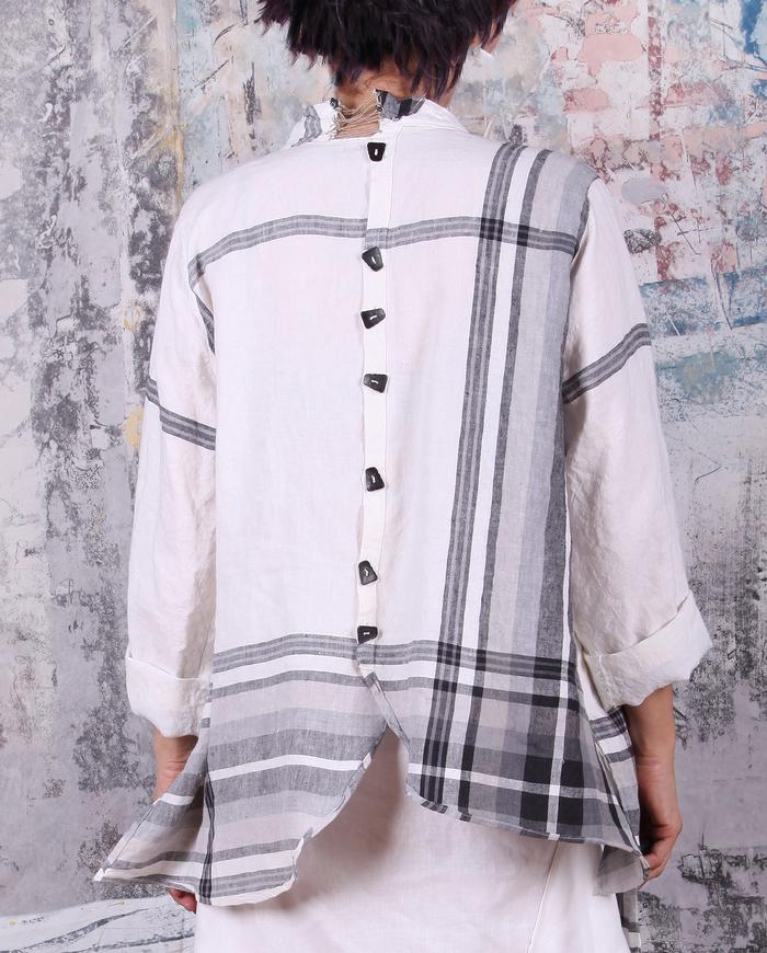 asymmetrical plaid/white button-down back lagenlook shirt/jacket