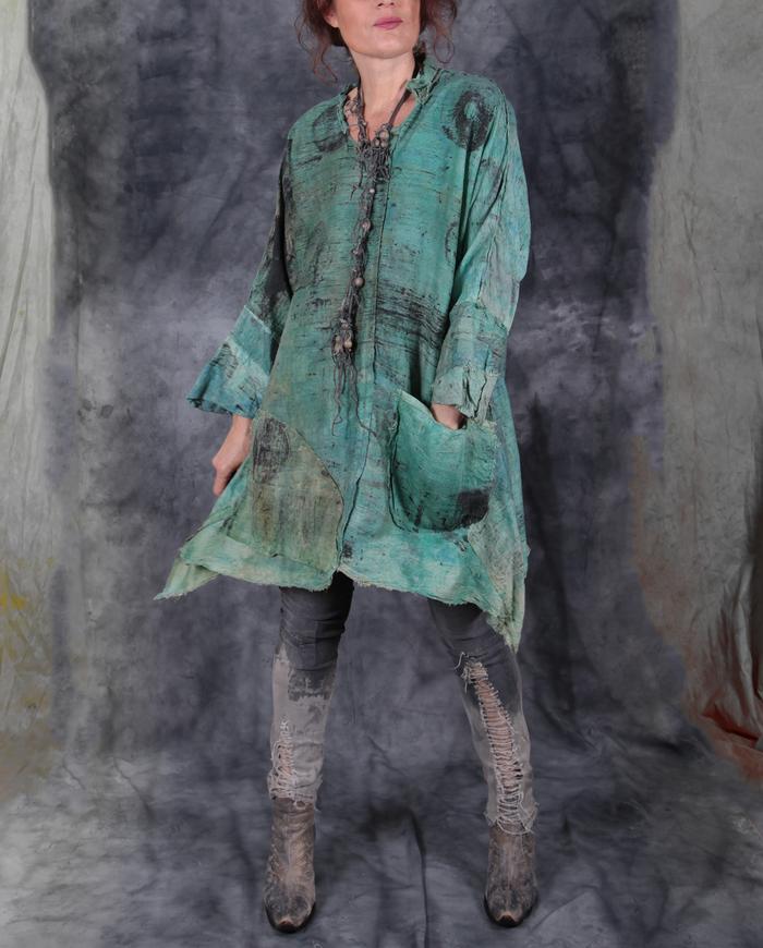 hand-painted distressed woven silk layering tunic in mint green
