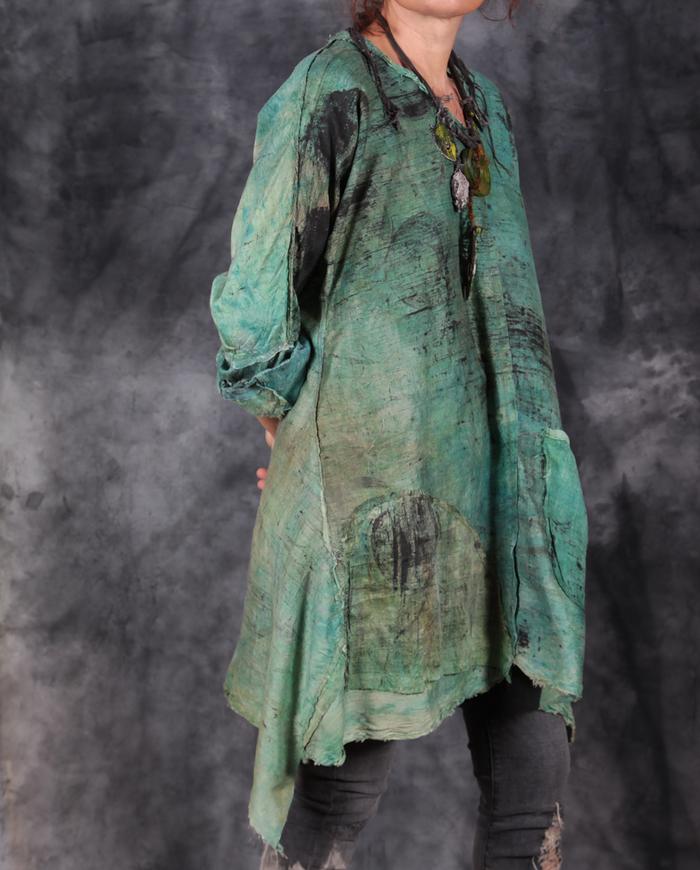 hand-painted distressed woven silk layering tunic in mint green