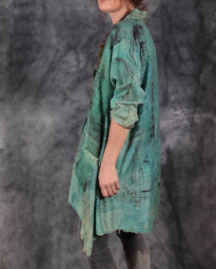 hand-painted distressed woven silk layering tunic in mint green