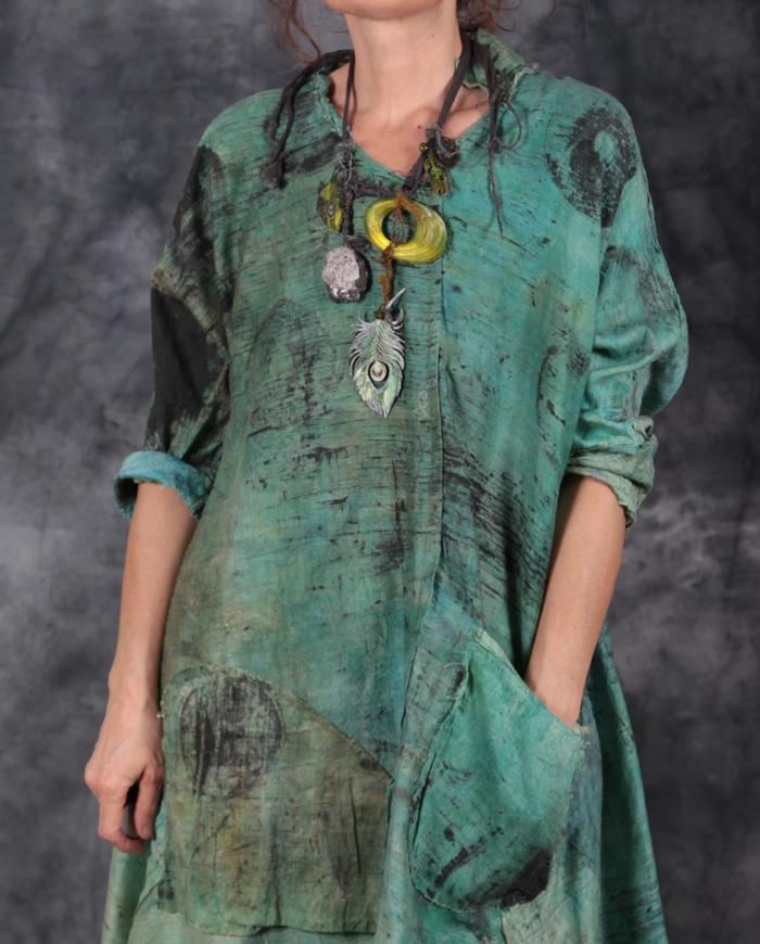 hand-painted distressed woven silk layering tunic in mint green