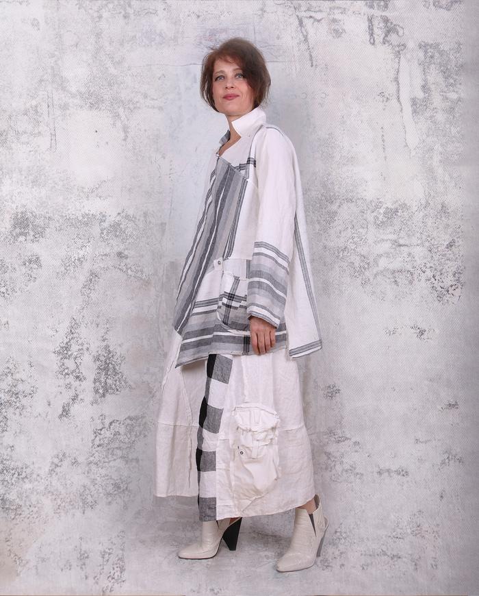 Belgian linen white/stripes oversized tunic with pocket