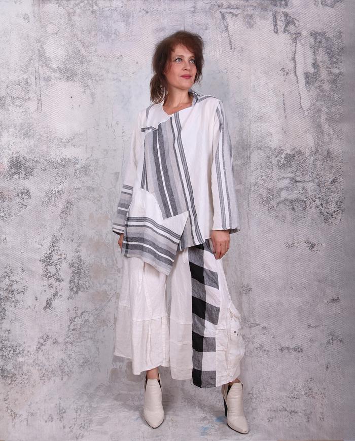 Belgian linen white/stripes oversized tunic with pocket