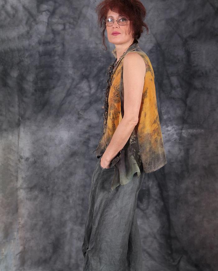 'a pocket of sunshine' sculptural loose-fitting layering silk top or vest, necklace and top