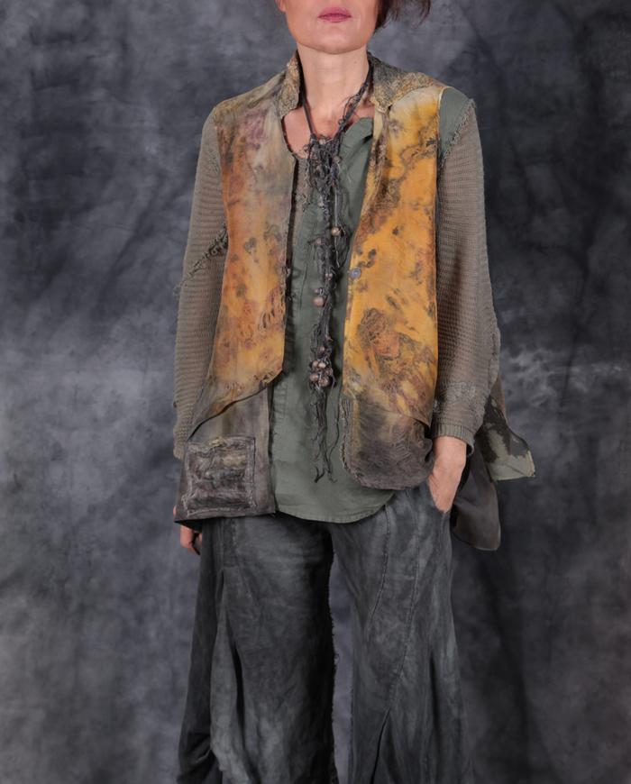 'a pocket of sunshine' sculptural loose-fitting layering silk top or vest, necklace and top