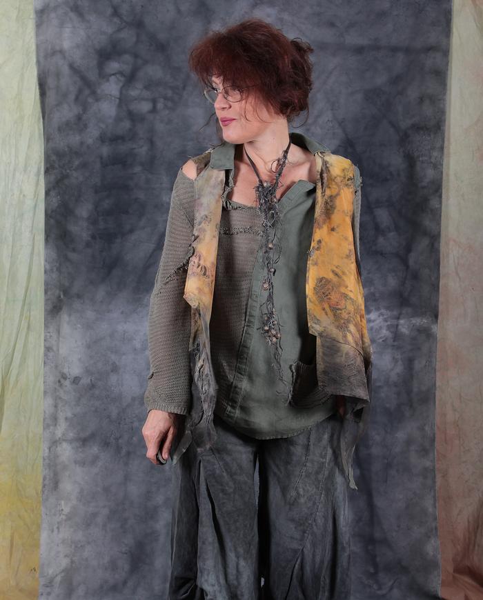 'a pocket of sunshine' sculptural loose-fitting layering silk top or vest, necklace and top