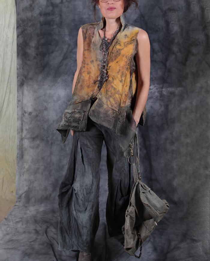 'a pocket of sunshine' sculptural loose-fitting layering silk top or vest, necklace and top